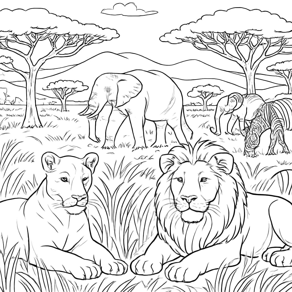 Páginas para Colorear de Animales: Encuentro en la Sabana
