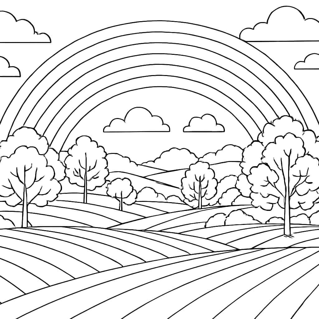 March Coloring Pages - Rainbow Over Field | Printable Coloring Sheet