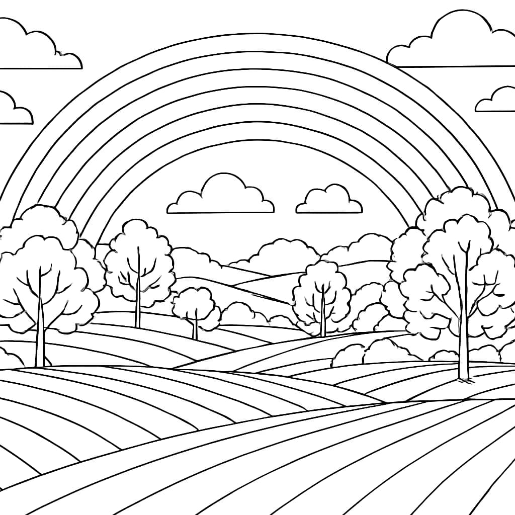 March Coloring Pages – Rainbow Over Field | Printable Coloring Sheet