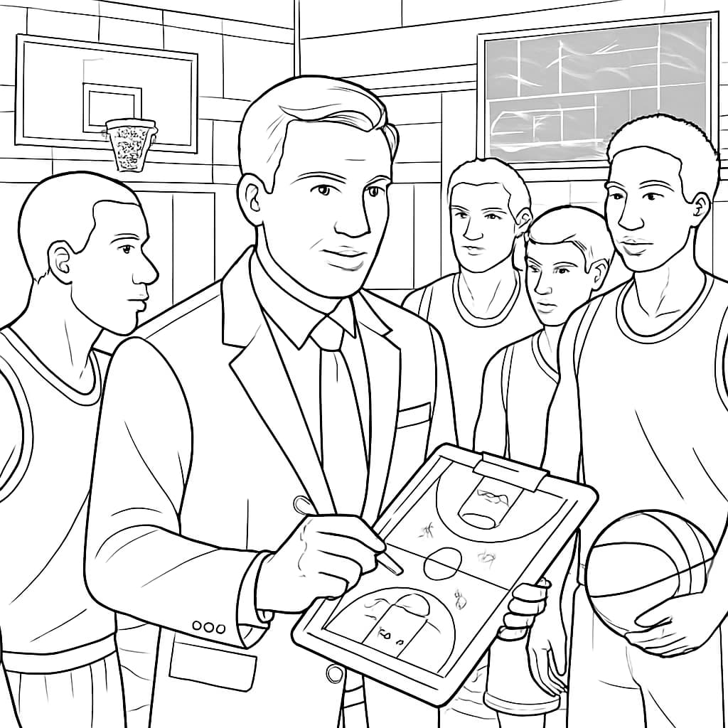 Basketball Coloring Pages – Coach Explaining Strategy