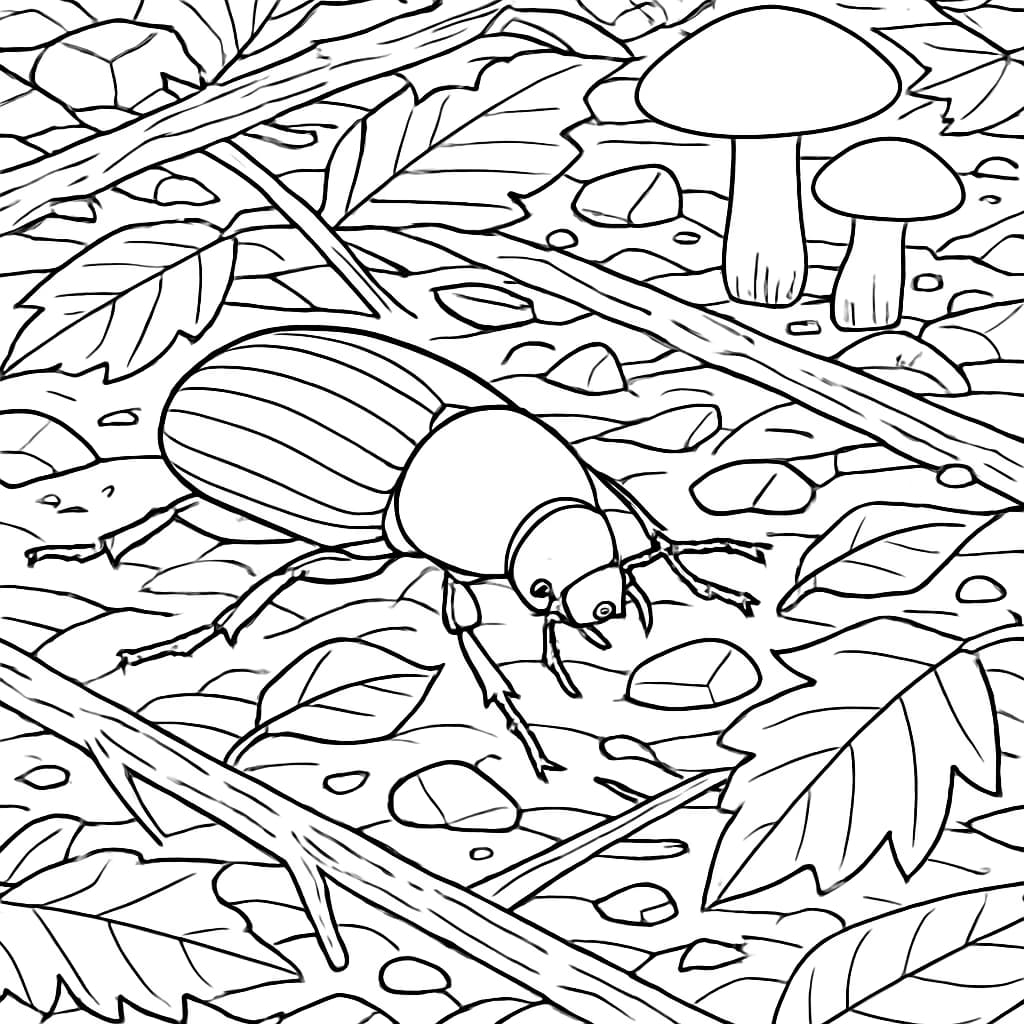 昆虫涂色页:甲虫与森林地面