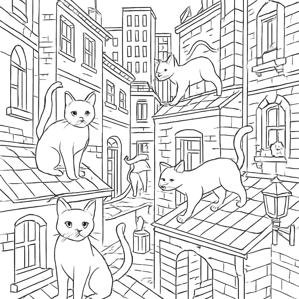 고양이 색칠하기 페이지 - 도시 속 고양이들